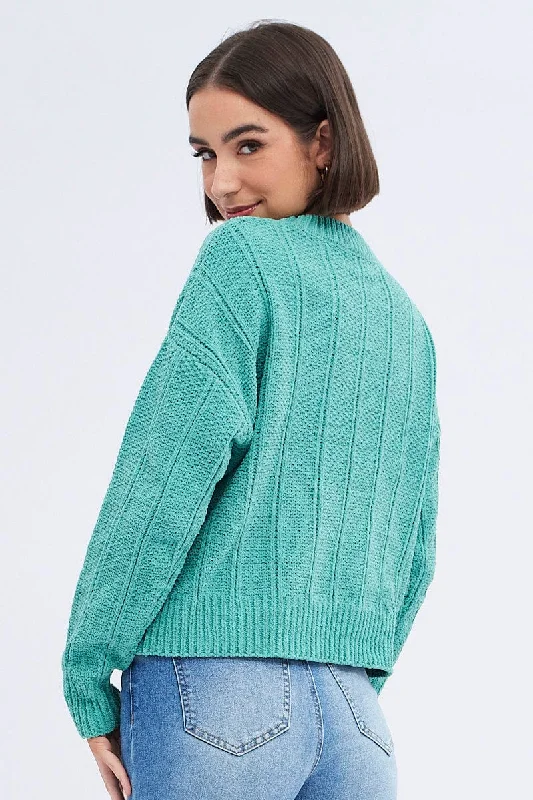 Green Knit Top Long Sleeve Crop