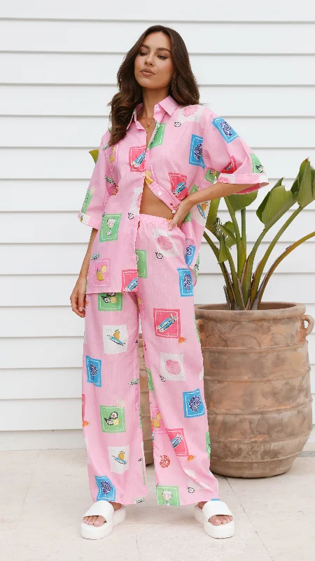 Kourt Button Up Shirt and Pants Set - Pink Stamps Set