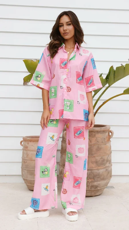 Kourt Button Up Shirt and Pants Set - Pink Stamps Set