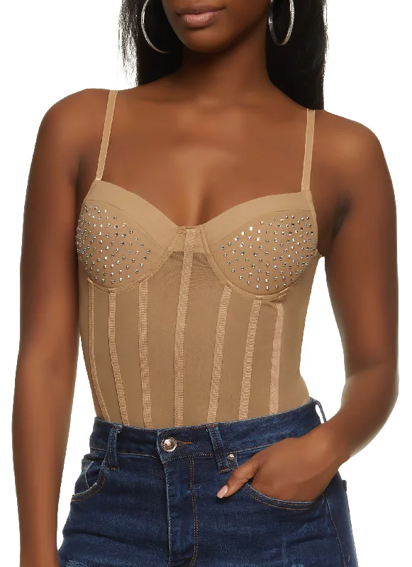 Mesh Rhinestone Detail Bustier Cami Bodysuit