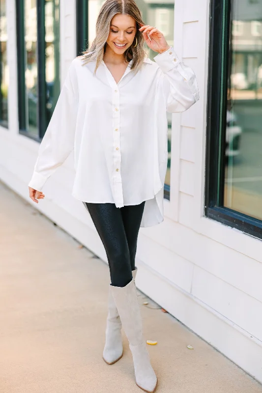 On The Agenda Off White Satin Button Down Blouse