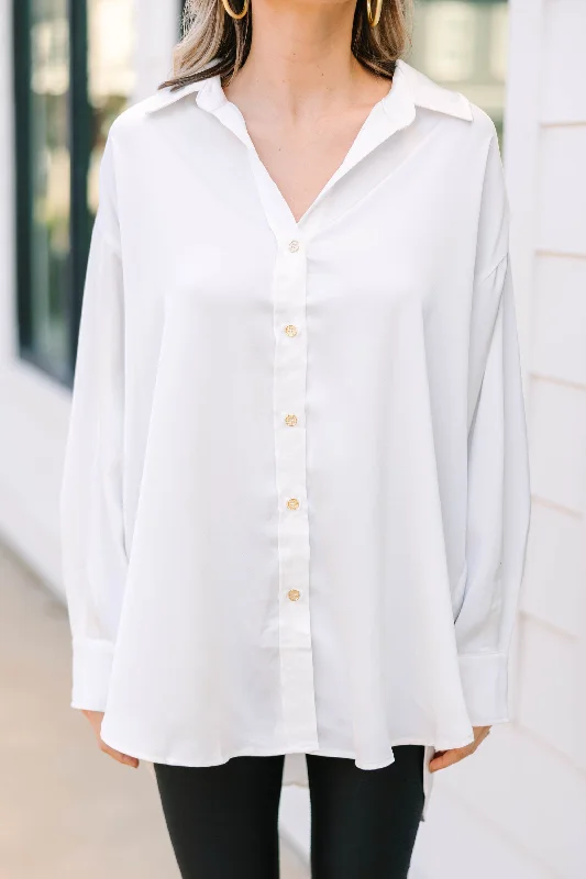 On The Agenda Off White Satin Button Down Blouse