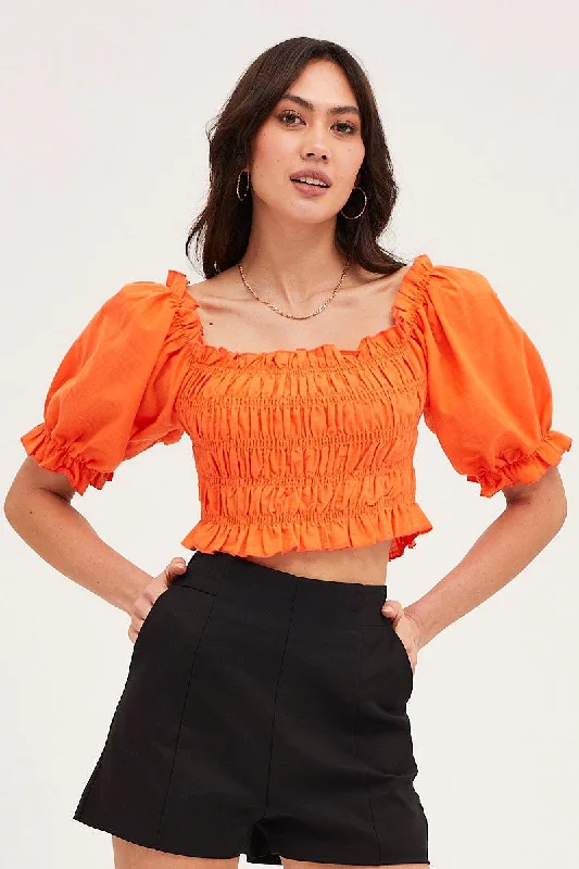 Orange Crop Top Short Sleeve Shirred