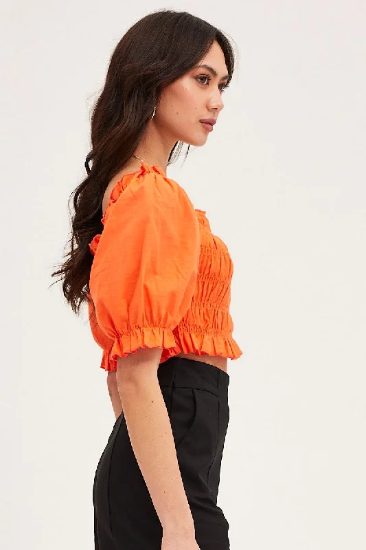 Orange Crop Top Short Sleeve Shirred