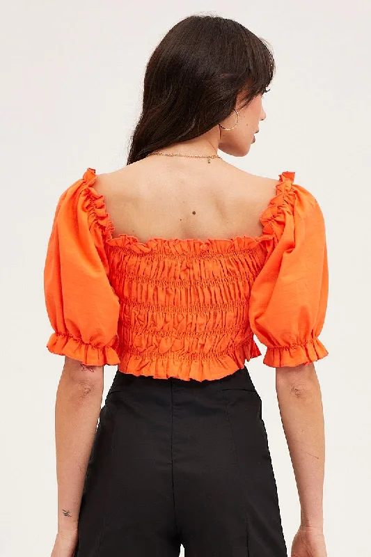 Orange Crop Top Short Sleeve Shirred