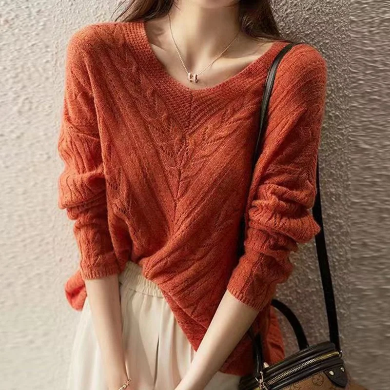 Orange Red Shift Long Sleeve Plain Sweater