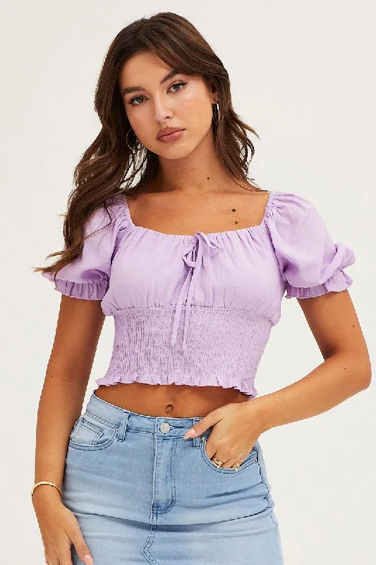 Purple Crop Top Short Sleeve Shirred Waist