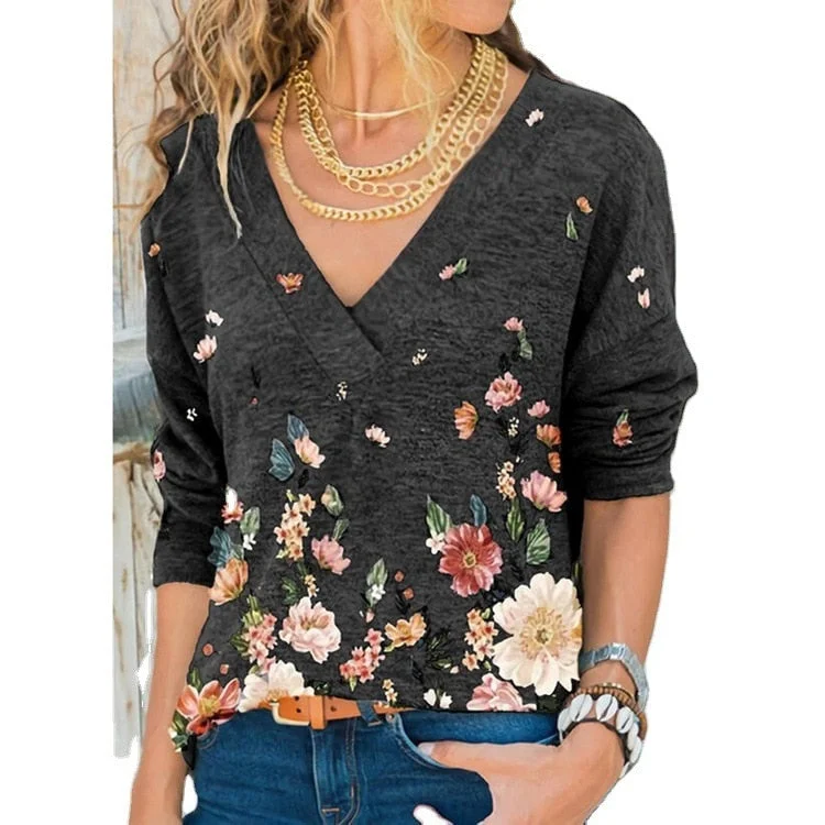 FashionSierra - V-neck Flower Print Long-sleeved T-shirt