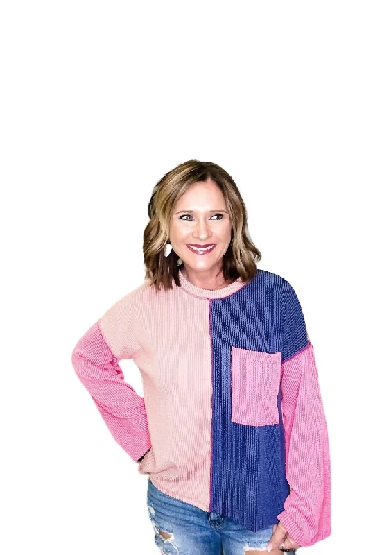 Split Up Color Block Top In Pink Multi