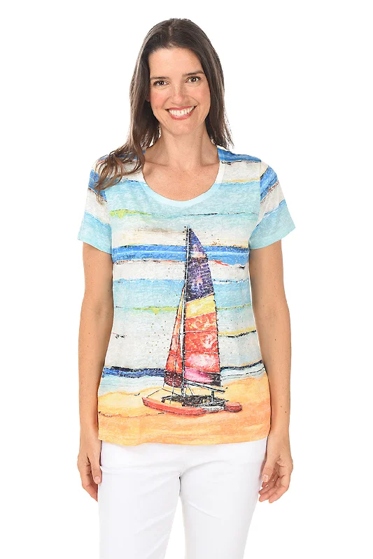 Striped Sailboat Jeweled Burnout Tee