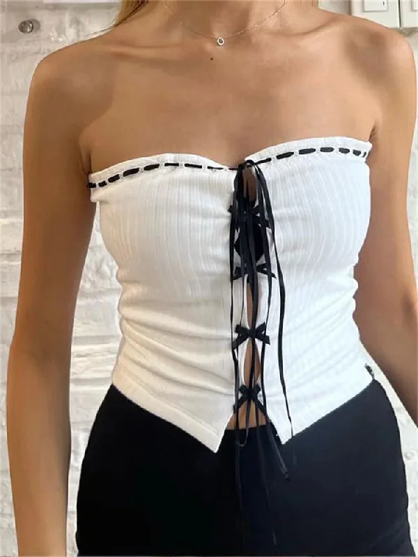 FashionSierra - 2024 Strapless Tube Off Shoulder Front Criss-cross Lace-up Streetwear Mini Vest Crop Tops