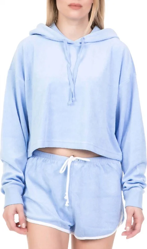 Terry Cropped Long Sleeve Hoodie In Light Blue