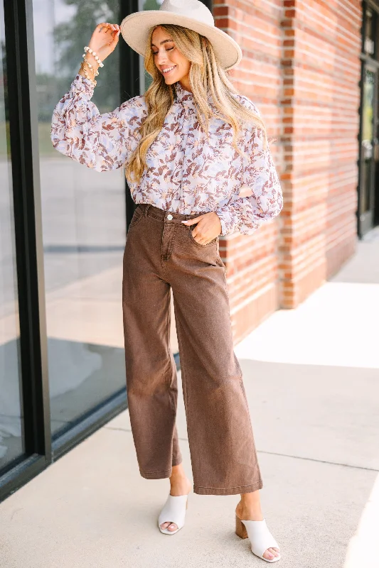 Watch Me Go Mocha Brown Leaf Printed Blouse