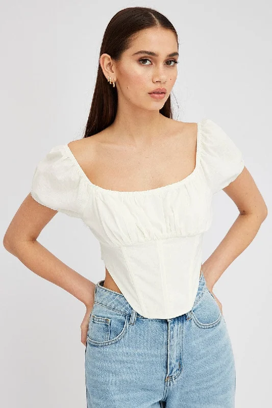 White Crop Top Short Sleeve Square Neck