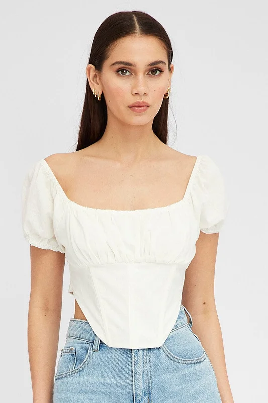 White Crop Top Short Sleeve Square Neck