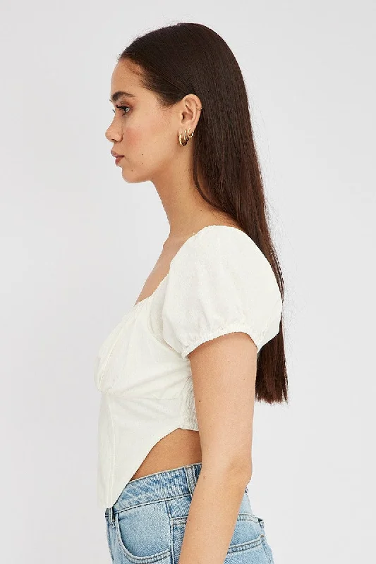 White Crop Top Short Sleeve Square Neck