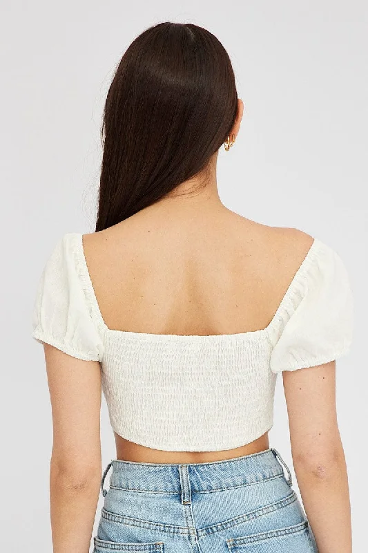 White Crop Top Short Sleeve Square Neck