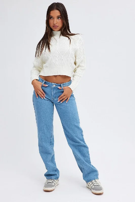 White Knit Jumper Long Sleeve Cabled Crop