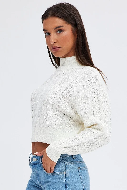 White Knit Jumper Long Sleeve Cabled Crop