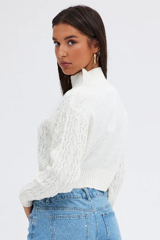 White Knit Jumper Long Sleeve Cabled Crop