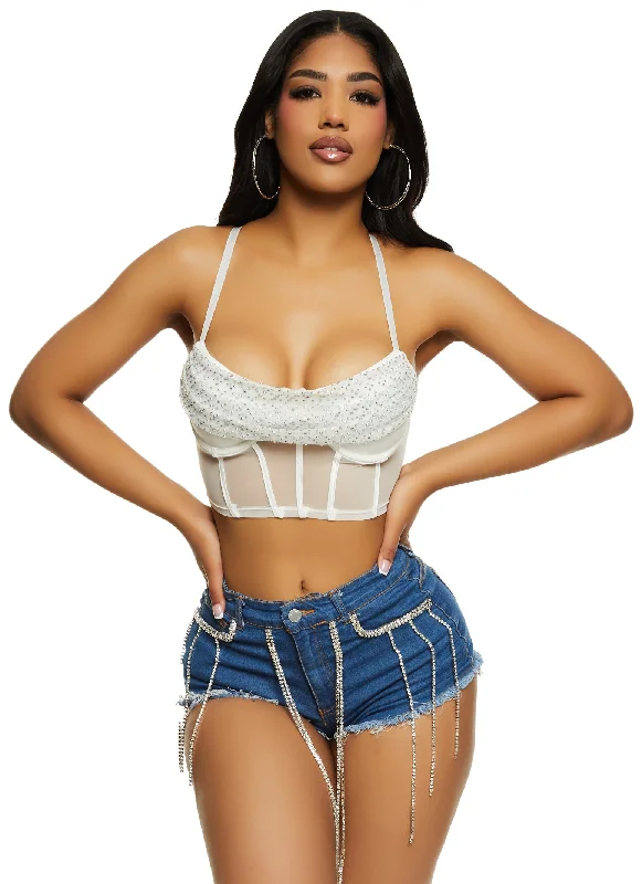 Mesh Rhinestone Bustier Crop Top