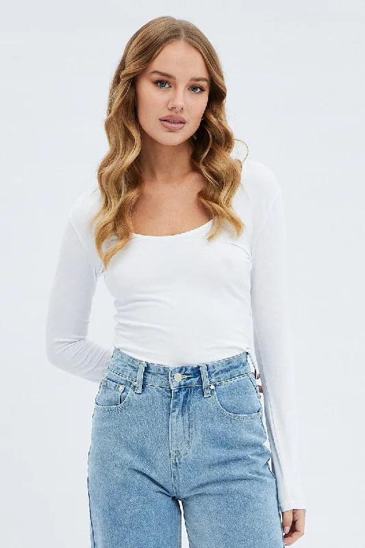 White Top Long Sleeve Scoop Neck