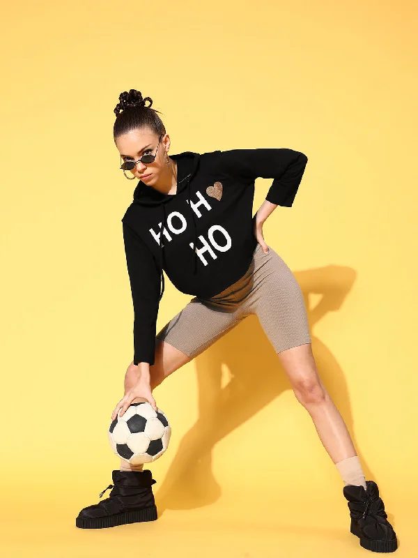 Women Black Terry HO HO Boxy Crop Hoodie