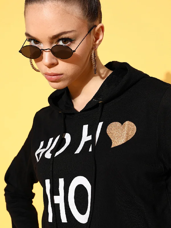 Women Black Terry HO HO Boxy Crop Hoodie