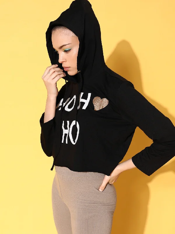 Women Black Terry HO HO Boxy Crop Hoodie