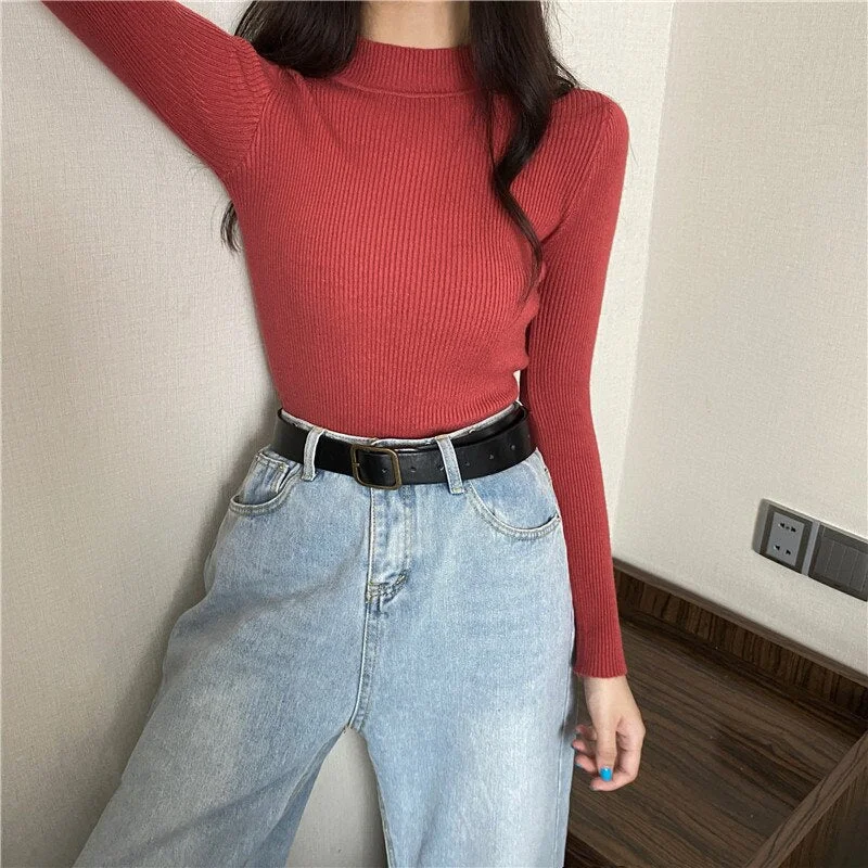 FashionSierra - Knitted Half Turtleneck Full Sleeve Basic Tops