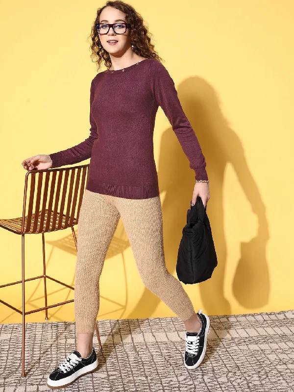 Women Purple Boat Neck Eyelet Sweater