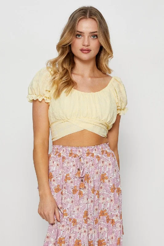 Yellow Crop Top Short Sleeve Tie Up