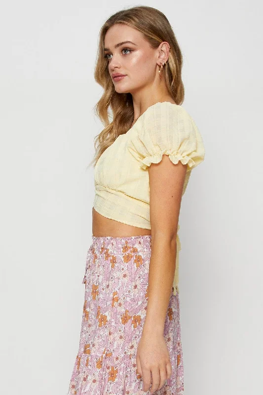 Yellow Crop Top Short Sleeve Tie Up