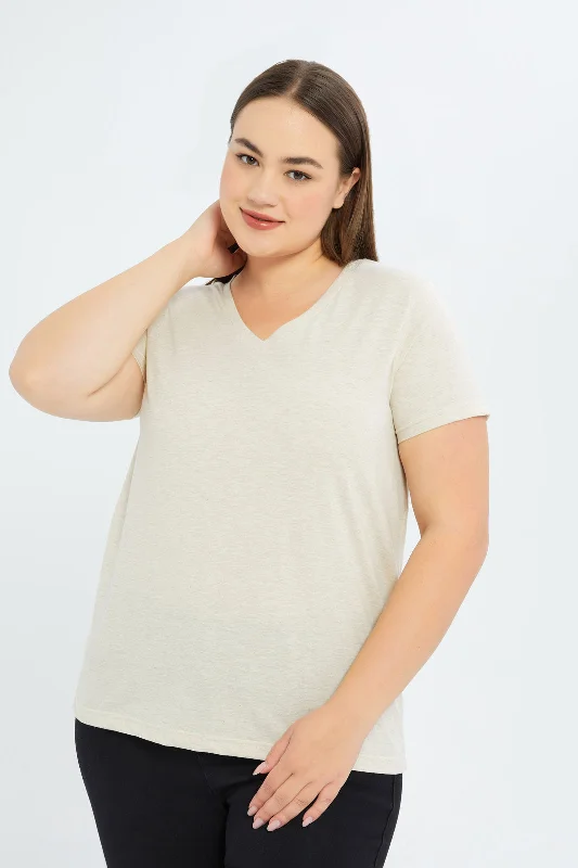 Women Beige V-Neck T-Shirt