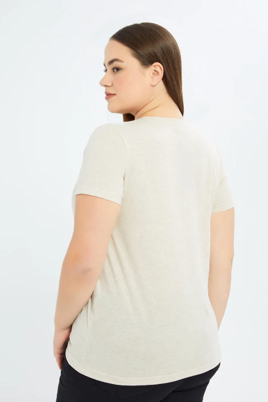 Women Beige V-Neck T-Shirt