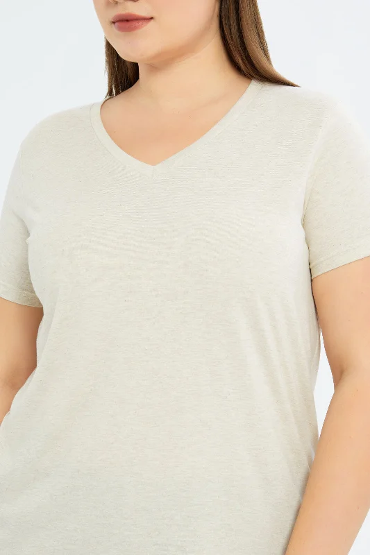 Women Beige V-Neck T-Shirt