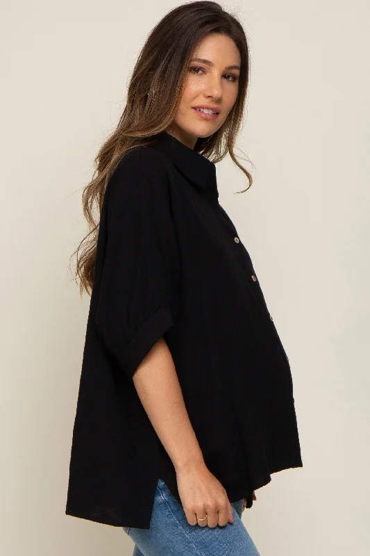 Black Button Down Collared Maternity Top