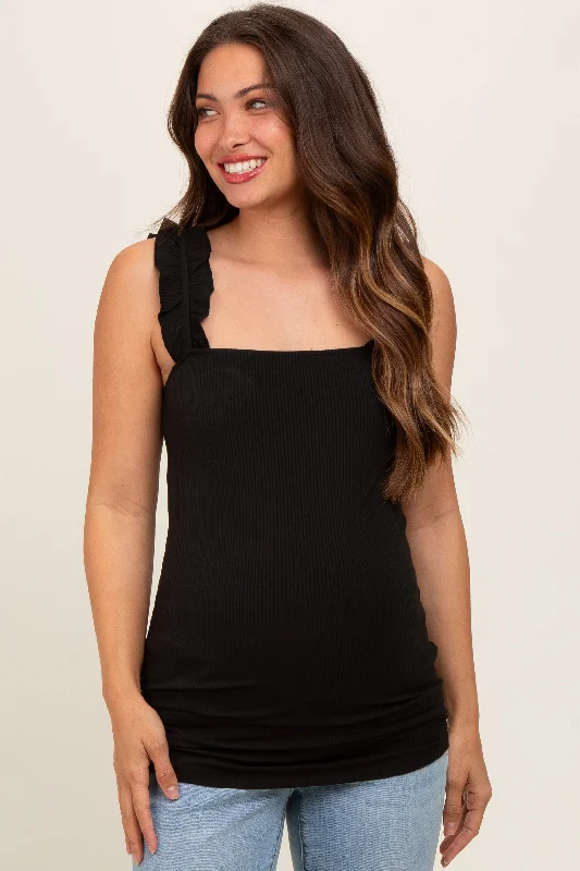 Black Ribbed Ruffle Strap Sleeveless Maternity Top