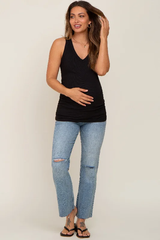 Black Ribbed Sleeveless Ruched Maternity Tank Top