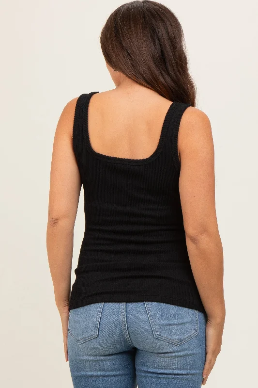 Black Sleeveless Ribbed Square Neck Maternity Top