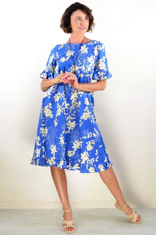 Blue Cream Petals Summer Dress