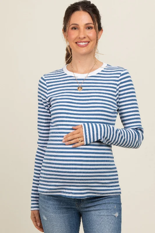 Blue Striped Long Sleeve Ribbed Maternity Top