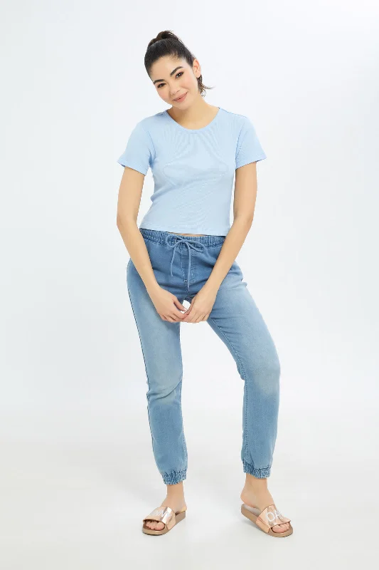 Women Blue Cropped T-Shirt