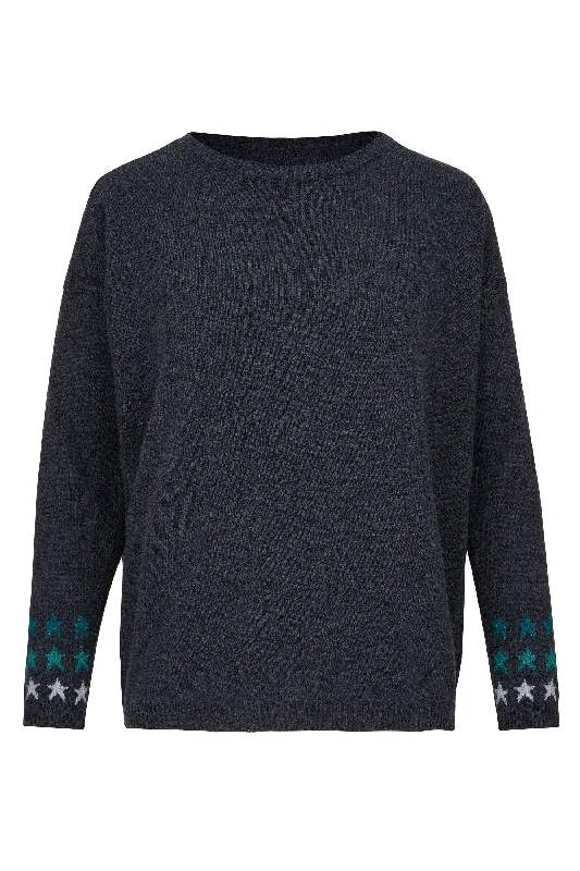 Cashmere Mix Sweater in Charcoal Grey with Multi Star Cuff