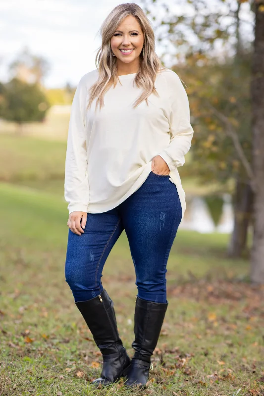 Curved Hem Slouchy Dolman Tunic, Ivory