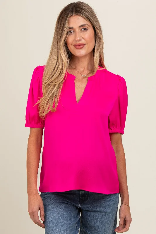 Fuchsia V-Neck Puff Sleeve Maternity Blouse