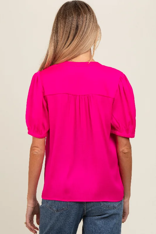 Fuchsia V-Neck Puff Sleeve Maternity Blouse