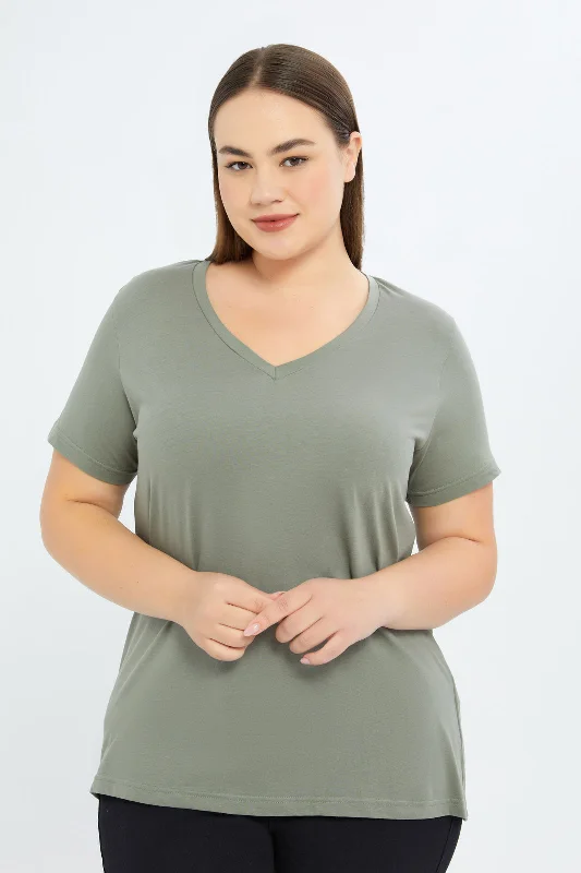 Women Green V-Neck T-Shirt