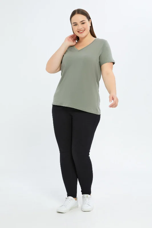 Women Green V-Neck T-Shirt