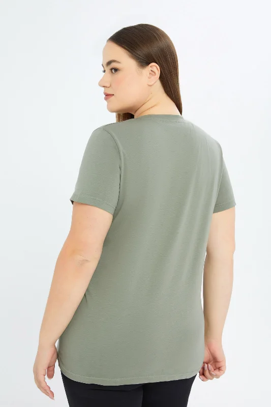 Women Green V-Neck T-Shirt